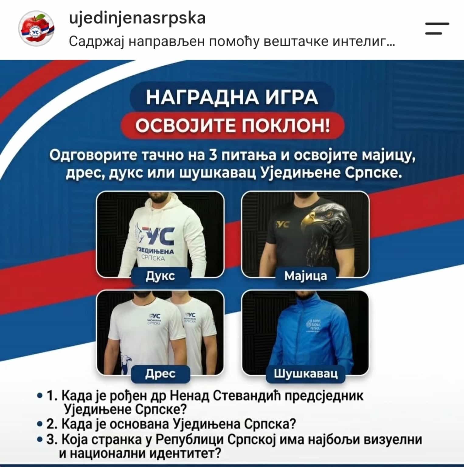 Znate li odgovore? Ujedinjena Srpska kroz tri pitanja dijeli vrijedne poklone