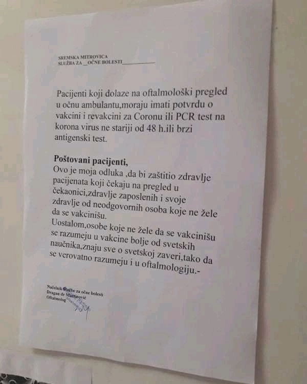 Doktor odlučio da ne prima nevakcinisane pacijente: “Vi se bolje razumete u oftalmologiju”