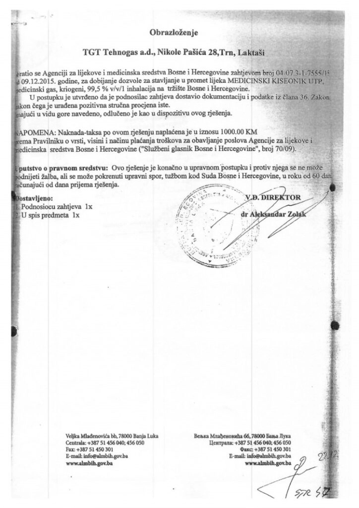 Rješenje od 2017. godine: “TGT Tehnogas” ima dozvolu za isporuku medicinskog kiseonika