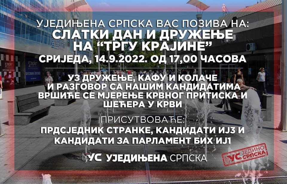 Ujedinjena Srpska poziva građane na druženje u Banjaluci